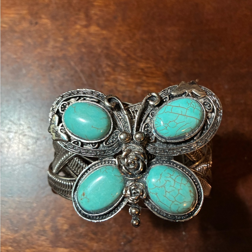 Vintage Faux Turquoise Butterfly Motif Cuff Bracelet